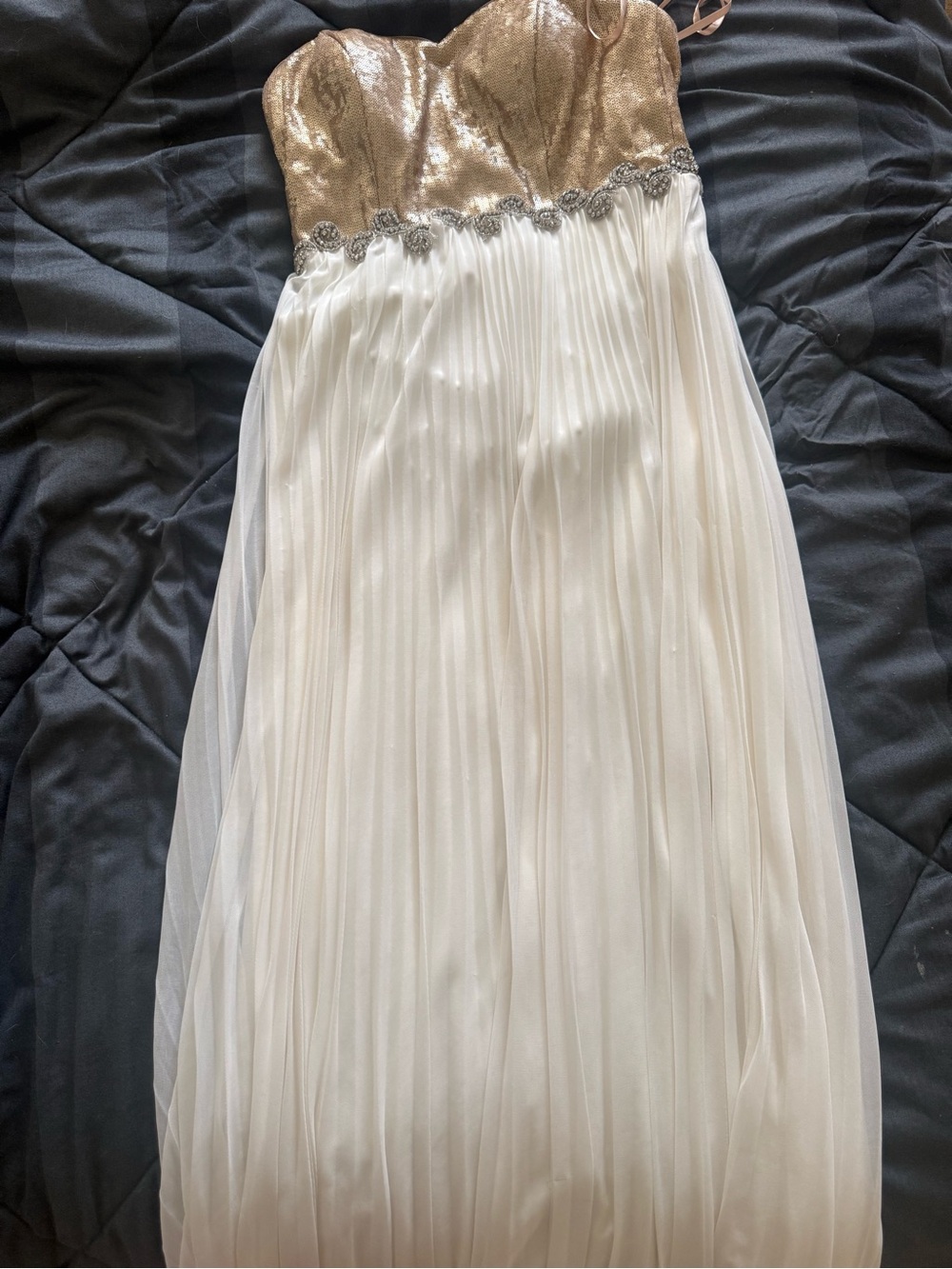 Strapless Gold Sequin and White Pleated Evening Gown
